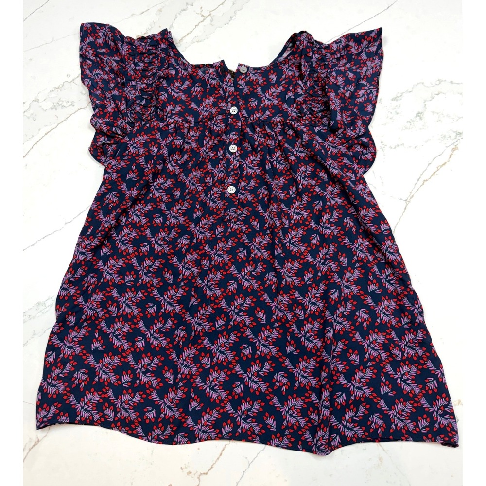 LOFT Women's Navy Floral Print Flutter Sleeve Button Front Blouse Top XS